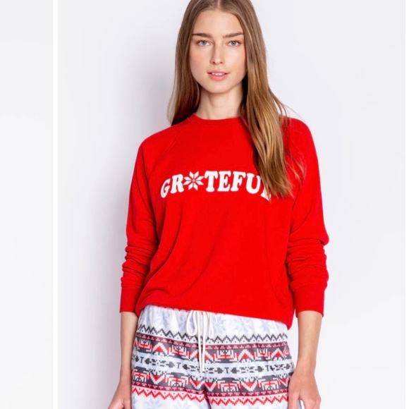 PJ Salvage Tops - PJ Salvage Happy Happy Joy Joy Grateful Long Sleeve Sweatshirt Red Size Large